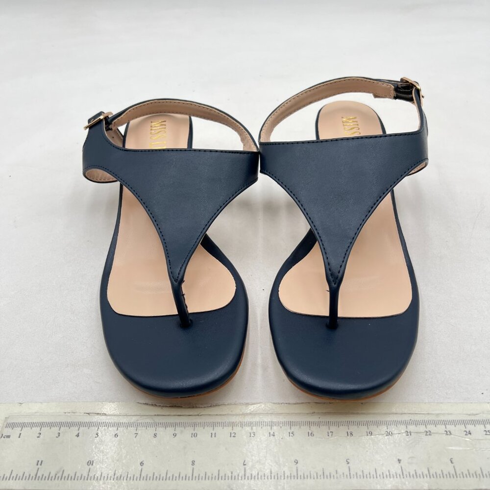 miss left Dark Blue Open Toe Low Heeled Flip Flops Thong Strap Buckles Sandals - Picture 3 of 8